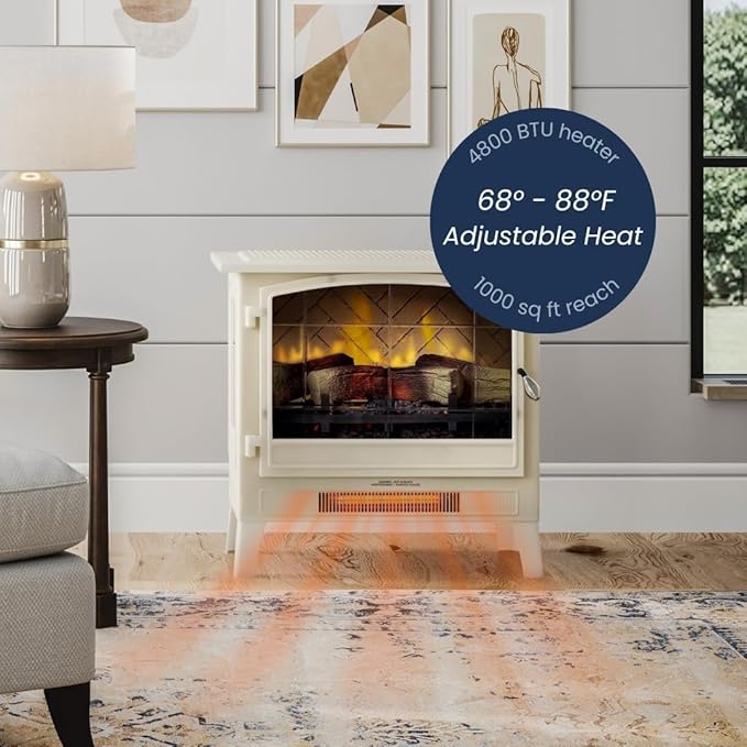 Country Living Infrared Freestanding Electric Fireplace Stove Heater in Cream | Multiple Flame Colors, Metal Design with Faux Wooden Logs | Alexa/WiFi Enabled - Remote Included