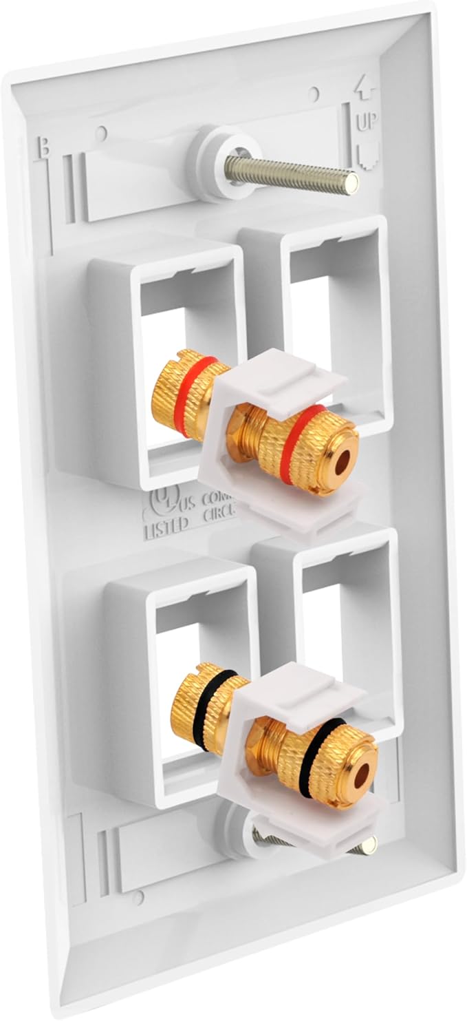 VCE UL-Listed Speaker Wall Plate Gold-Plated, 4-Port Keystone Wall Plate with Banana Jack Binding Post Keystone Jack Insert, 2 Pack