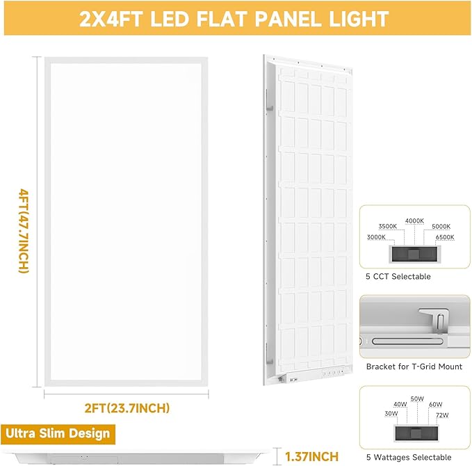 2 Pack 2x4 LED Flat Panel Light Drop Ceiling Office Fixture,Surface Mount Drop Ceiling Fixture,9576LM, 30W/40W/50W/60W/72W Selectable,3000K/3500K/4000K/5000K/6500K 5CCT,Dimmable (0-10V),ETL Listed