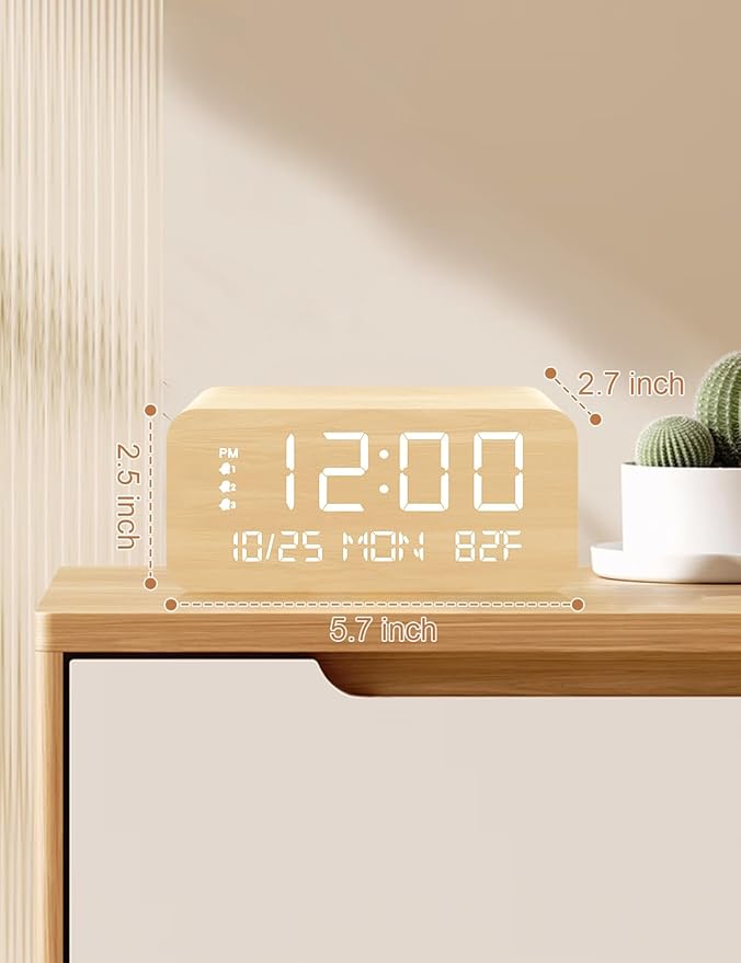 Digital Alarm Clock, with Wooden Electronic LED Time Display, 3 Alarm Settings, Humidity & Temperature Detect, Wood Made Electric Clocks for Bedroom, Bedside (Yellow-Wireless)