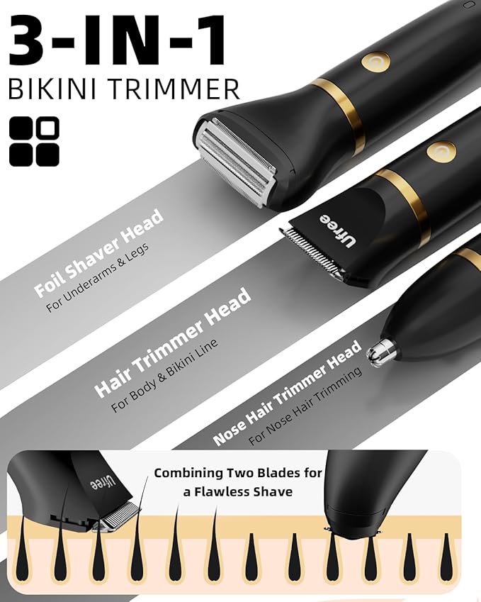 Ufree Body Hair Trimmer for Women, Manscape Pubic Hair Trimmer, 3 in 1 Body Grooming Kit for Lady, Waterproof Body Electric Shaver Razor, Grooming for Face and Body, Gifts for Women, Black