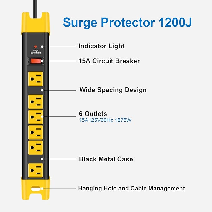 CCCEI Heavy Duty Power Strip Surge Protector - 6 Outlet Industrial Strip with 15A, 1200 Joules - ETL Listed Metal for Shop, Workshop, Garden (25FT, Black)