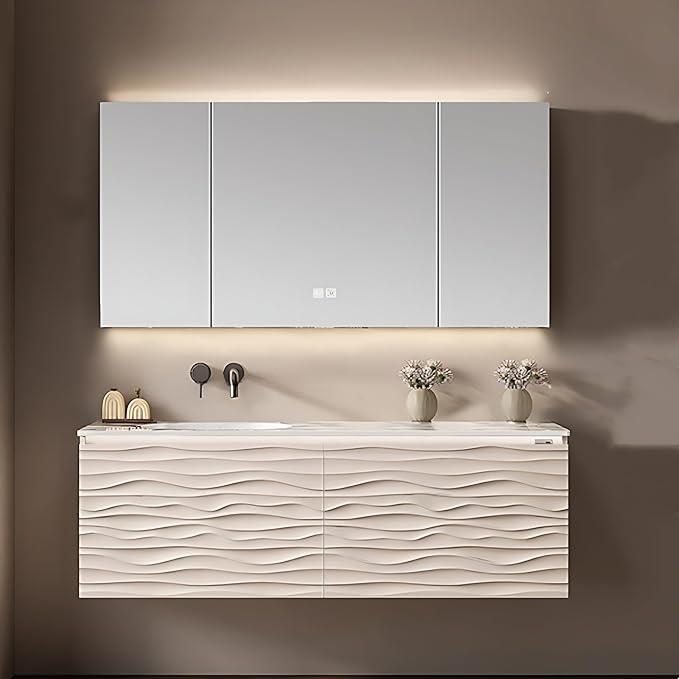 44IN Bathroom Vanity - Smart Defogging Mirror Cabinet | Waterproofing Technology & Wave Shaped Door Panel, Floating Bathroom Vanities with Large Storage Space (Mirror Cabinet)