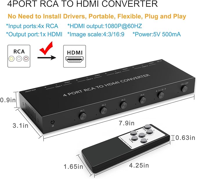 RuiPuo 4Port AV to HDMI Converter, 4Port AV to HDMI Switcher with IR Remote, Support 16:9/4:3 and Quick Switch Compatible with WII/N64/SNES/Xbox/PS1/PS2/PS3/VHS/VCR/DVD Players etc.(4AV In-1HDMI Out)