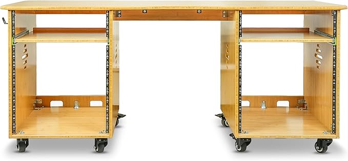Sound Town Studio Desk Workstation with Dual 13U Side Rack Cabinets, Slide-Out Trays, Casters, for Recording Rooms and Home, Solid Carbonized Bamboo (SDRK-WS69CB)