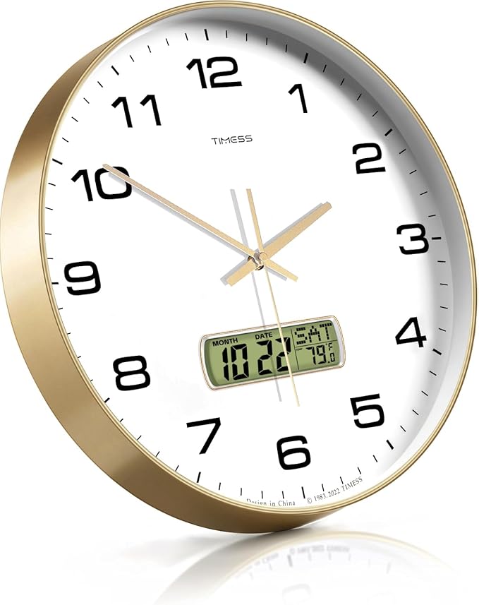 TIMESS Wall Clock, 10" Dial Non-Ticking Silent Battery Operated Analog with LCD Display for Perpetual Calendar and F° Temperature, Ideal Modern Home, Bedroom, Kitchen, Office Decor (Gold)