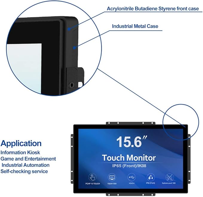 GreenTouch 15.6 Inch 10 Points Open Frame Touch Display, Industrial PCAP Touchscreen Monitor, VGA+HDMI+DVI Port - 16:9