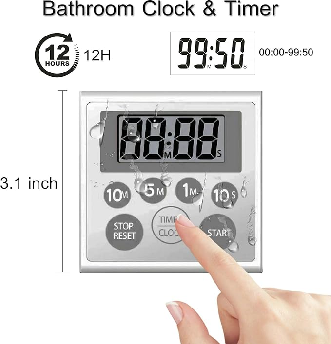 NUOSWEK Digital Timer Waterproof Shower Timer Shower Clock Bathroom Kitchen Timer with Strong Magnet and Large LCD Display (Waterproof 7 Key)