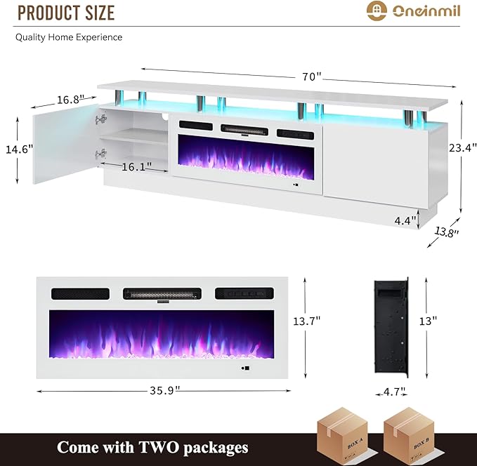 oneinmil Fireplace TV Stand with 36” Electric Fireplace, 70” 2 Tier TV Console Stand for TVs Up to 80", LED Light Entertainment Center, Fireplace for The Living Room TV Stand, White