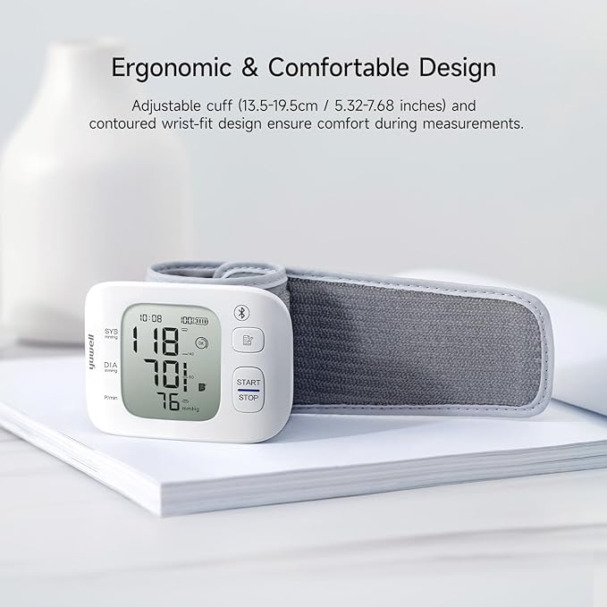 yuwell Smart Wrist Blood Pressure Monitor with Bluetooth | Medical Grade, BP Machine for Home Use | Ultra Light Weight, Smart Inflation Cuff, Large Display, Rechargeable Battery, App for iOS & Android
