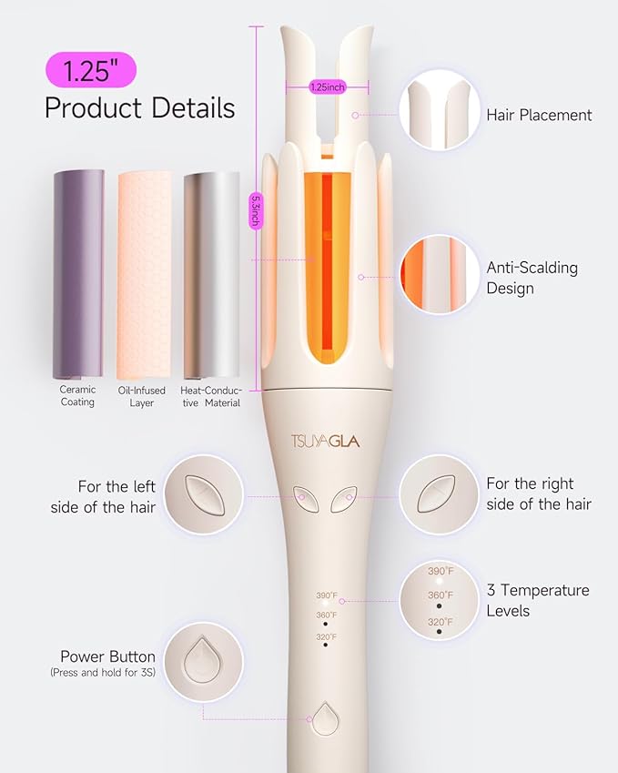 TSUYAGLA Automatic Hair Curler, 1 1/4 Inch Rotating Curling Iron with 3 Temp, 500 Million Ionic, 2-Way Rotation,10S Fast Heating, Anti-Scald, Anti-Tangle Rotating Curling Wand for Long Hair