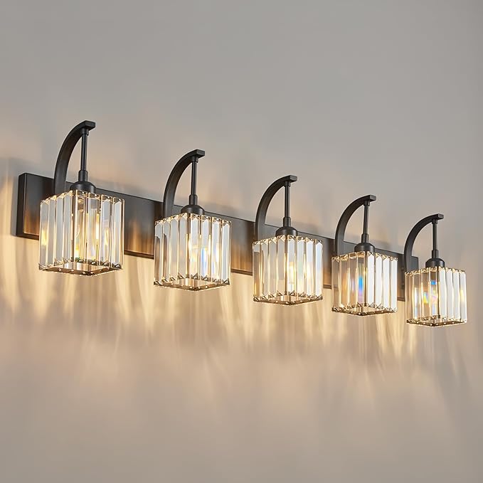 FDPBY 5-Light Crystal Vanity Light, Modern Black Bathroom Wall Sconce with K9 Crystal Shades, 42.51" Long Over Mirror Lighting for Vanity, Makeup, Hallway, Elegant & Easy Installation