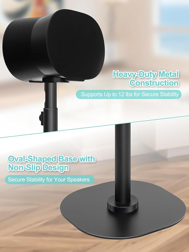 Haturi Speaker Stands Pair for Sonos ERA 100 & 300 Adjustable 22”–42” Floor Stands with Cable Management Heavy Duty Metal Construction Non Slip Base for Living Room Bedroom Office