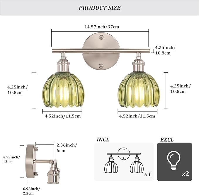 Shenmoyl Bathroom Light Fixtures, 2-Light Vanity Wall Light Over Mirror with Green Tulip Glass Shade for Bedroom Living Room (Bulb Not Included), Satin Nickel