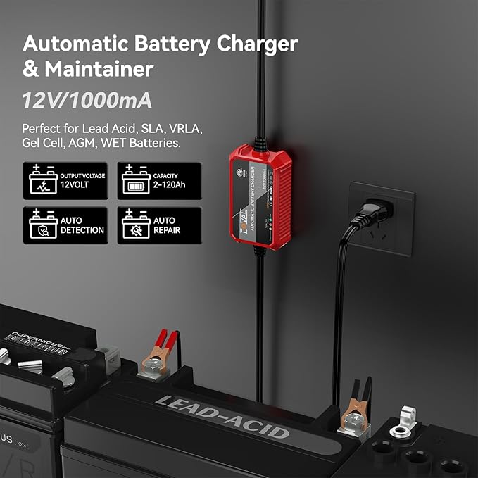 [3-Pack] 1000mA Car Battery Charger, FOVAL 12V Fully Automotive Battery Charger Maintainer, Trickle Charger, Float Charger and Desulfator for Motorcycle, ATV Car Lawn Mower and Lead Acid Batteries