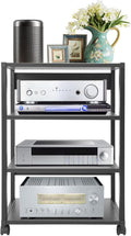 5-Tier AV Media Stand with Universal Wheels, Center Stereo Components Storage Stand, DVD/CD Holder with Adjustable Hole Spacing Movable Audio Media Stand for Living Room, Game Room (4 Tiers)