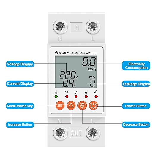 eMylo Single-Phase Smart Energy Meter 63A 80-400V - WiFi Electricity Monitor with Circuit Breaker & Leakage Protection, Tuya APP Remote Control for Home Apartment Factory