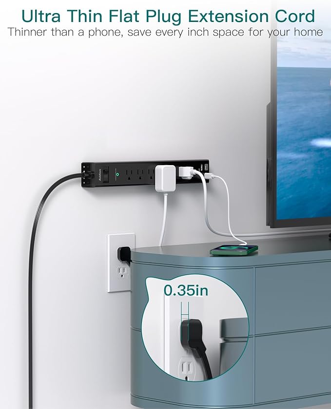 Surge Protector Power Strip - Addtam 10Ft Extension Cord with 6 AC Outlets and 4 USB Ports(2USB C), Wall Mount, Long Cord Power Strip for Home Office College Dorm Room Essentials