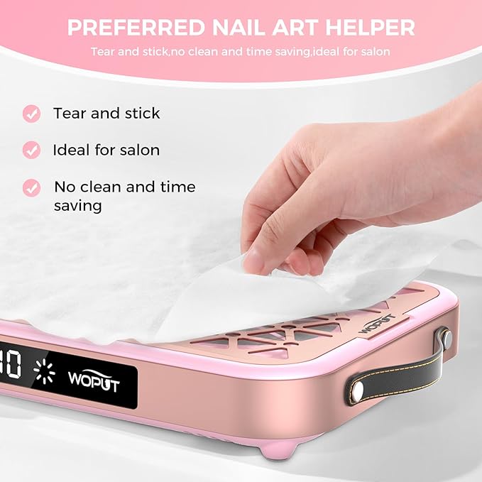 Woput Nail Dust Collector, 1600PA Professional Nail Vacuum Dust Collector Fan with Filter Papers (30 Pcs) for Acrylic Nail Polishing & Manicure at Nail Salon & Home - Pink