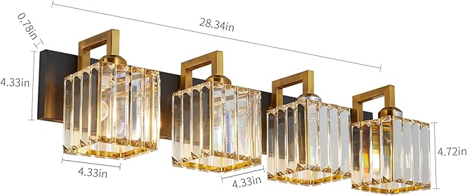 FDPBY Modern Bathroom Vanity Light 4-Lights Black Gold Crystal Wall Lamp Bathroom Modern Crystal Vanity Lighting