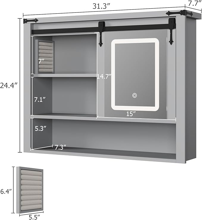 QUW 31" Farmhouse Bathroom Wall Cabinet, Bathroom Medicine Cabinets with Mirror, Over Toilet Wall Storage Cabinet, 3 Lighting Modes, Adjustable Brightness, Jewelry Holder, Sliding Door, Grey