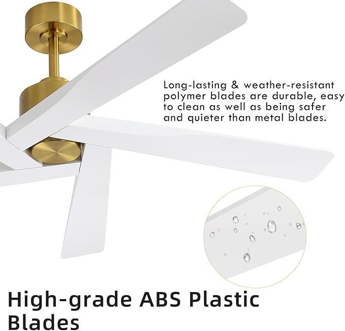 WINGBO 64" ABS DC Ceiling Fan No Light, 5 Blade ABS Plastic Ceiling Fan with Remote, 6-Speed Reversible DC Motor, Ceiling Fans without Light for Kitchen Bedroom Living Room, Brass and White