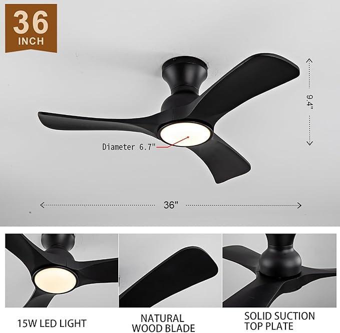 Gaizw 36 Inch Black Ceiling Fans with Lights, Flush Mount Ceiling Fan with Light, Modern Smart Wood Fan Light, 6-Speed Remote Control, Quiet Reversible Motor, Fans for Bedroom Study Room and Garage