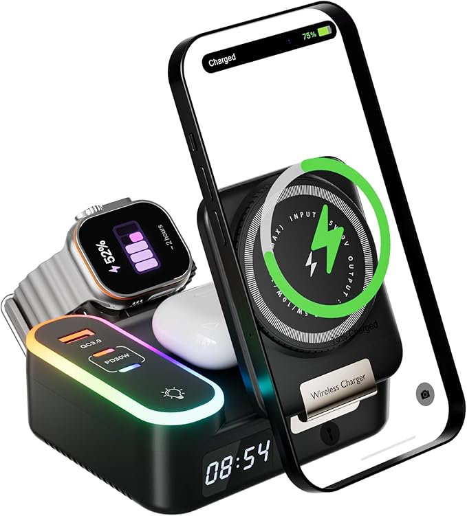 Qi2 Wireless Charger 8in1 Magnetic Wireless Charger Fast Charging Station for iPhone, 65W Fast Foldable Charger with LED Clock, USB-C/A Ports, Multi-Device Charging, Travel charged, MagSafe Compatible