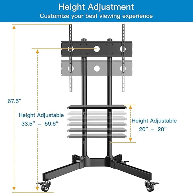 PERLESMITH Rolling TV Stand with Lockable Wheels for 32-85 Inch TVs Holds up to 132 Lbs, Height Adjustable Mobile TV Stand on Wheels with Laptop Shelf, Rolling Tv Cart Max VESA 600x400mm PSTVMC01
