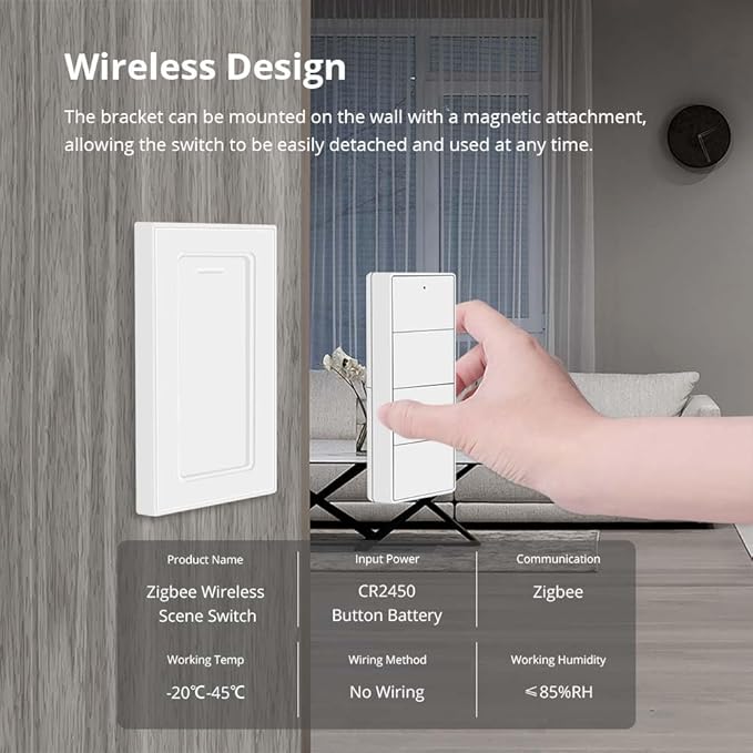 Wireless Zigbee Smart Button, 4-Way Remote Control Button Switch for Smart Home Devices, Scene Controller, Compatible with Tuya, Home Assistant, Homey, Hubitat, Requires Tuya Zigbee Hub