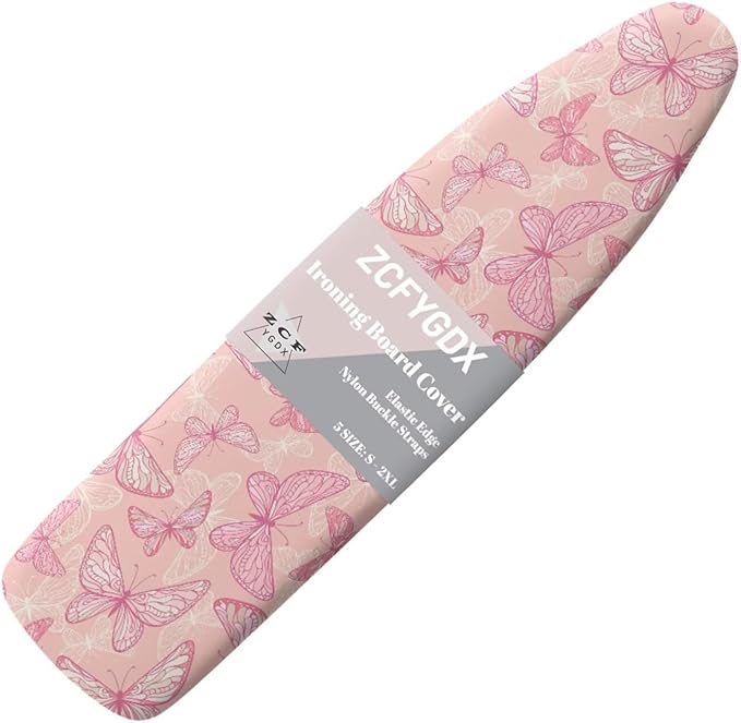ZCFYGDX Breathable Ironing Board Cover Decor, Resist Scorching & Staining, 18x58 Wear & Soil Resistant Covers, Elastic Edges,3 Fasteners,Anti-Scorch Polyester Butterfly Pattern Pink Print
