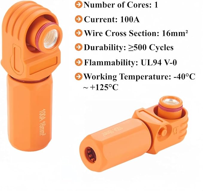 1 Set Battery Energy Storage Connector 100A 16mm² High Current HV Connectors Quick Plug Terminal Right Angle Plug and Socket IP67 Waterproof Power Adapter (Orange, 100A)