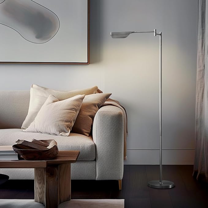 Brightech Leaf Pharmacy LED Reading Lamp, Dimmable Floor Lamp with Easy Adjustable Rotation Over Chair or Desk for Living Room, Work Light for Office, Modern Minimalist Home Decor - Platinum Silver