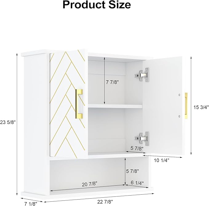 White Chevron Pattern Bathroom Wall Mount Cabinet, Stylish Hanging Medicine Cabinet with Open Shelf, Over The Toilet Storage for Bathroom Kitchen (23 5/8" x 22 7/8" x 7 1/8")