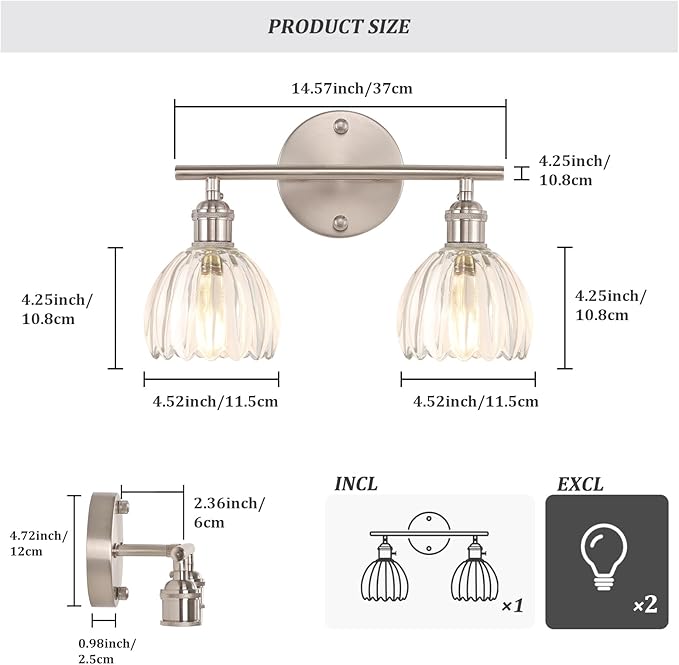 Shenmoyl Bathroom Light Fixtures, 2-Light Vanity Wall Light Over Mirror with Clear Tulip Glass Shade for Bedroom Living Room (Bulb Not Included), Satin Nickel