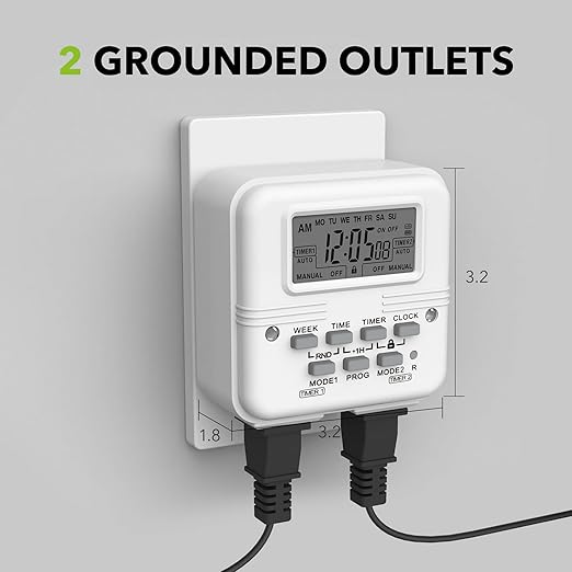 BN-LINK Indoor Digital Light Timer, 7 Day Programmable Plug with 2 Independent 3-Prong Outlets, for Lamps, Fans, 2 On/Off Settings, 1 Pack, 15A/1875W, ETL Listed