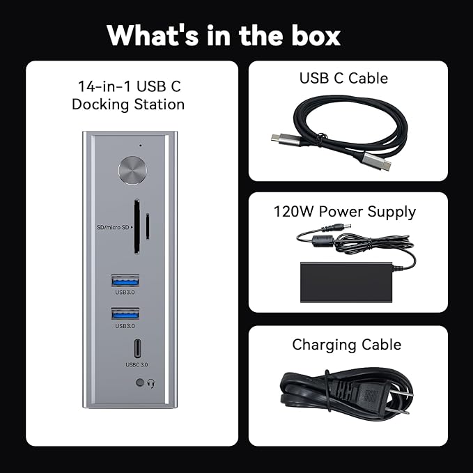 TobenONE DisplayLink Docking Station 3 Monitors, 14-in-1 Triple Monitor Dock for M1-M5 MacBook/Mac mini, Windows, Chrome (3HDMI, 120W Power Supply, 5 USB, Home Office & Professional Workspace