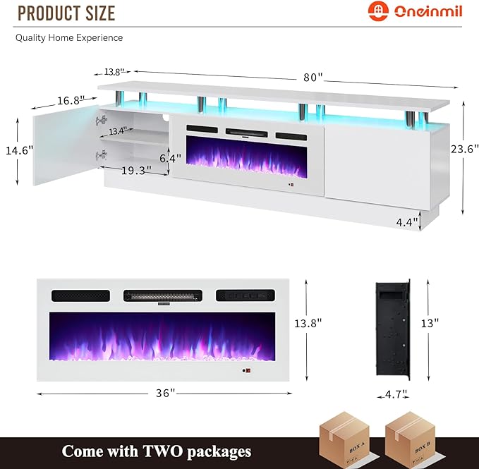 oneinmil 80" Modern Electric Fireplace TV Stand for TVs Up to 90 inch, with Electronic Flame and LED Lights, Luxury High Gloss Finish Entertainment Center, TV Console Cabinet for Living Room, White