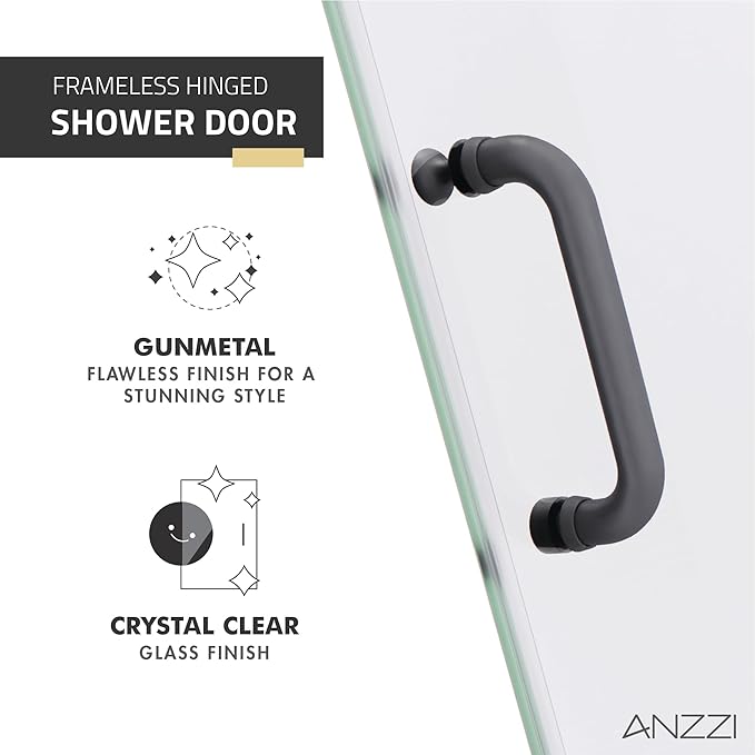 ANZZI 70" x 24" Frameless Shower Door in Gun Metal Black, Passion Water Repellent Glass Shower Door with Seal Strip Parts and Handle, 5/16 Glass Hinged Shower Door with Handle (SD-AZ09-01GB)