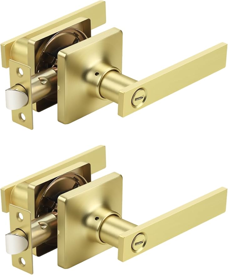 Mengico 2 Pack Gold Privacy Lever Door Handle Interior with Lock, Heavy Duty Square Door Lock for Bed/Bath, Keyless Door Locksets, Reversible for Left Right Handed Doors