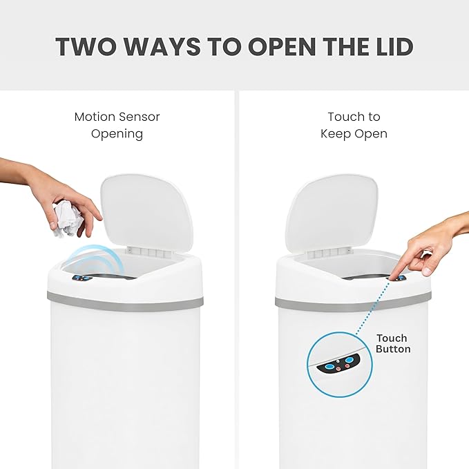iTouchless 13 Gallon Oval Sensor Trash Can with Odor Filter, Automatic Motion Sensor Kitchen Bin, Soft-Close White Steel, Slim Curved Design for Nursery, Bathroom & Clinic