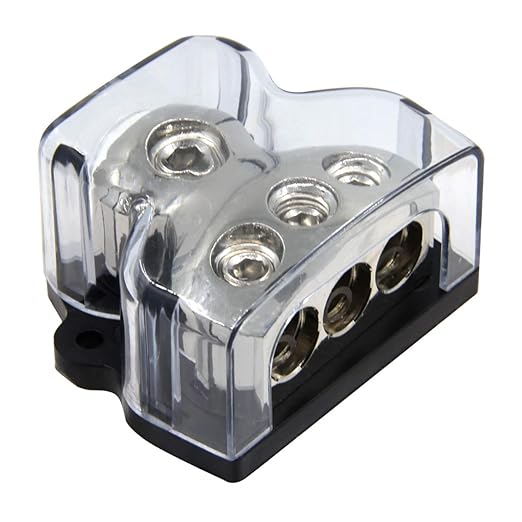 RKURCK 3 Way Power Distribution Block, 0/2/4 AWG Gauge in, 4/8/10 Gauge Out, Car Audio Stereo Amp Distribution Connecting Block for Audio Splitter (1x0GA+3x4GA)