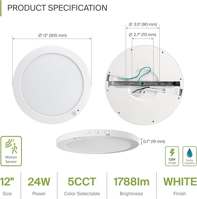 ASD LED 12" Round Flush Mount Ceiling Light Fixture, Low Profile Surface Lighting | 5CCT, Motion Sensored, Ultra-Thin, ETL Listed | 24W 1700LM 2700-6000K 120V | Kitchen, Hallway Lamp | White, 4 Pack