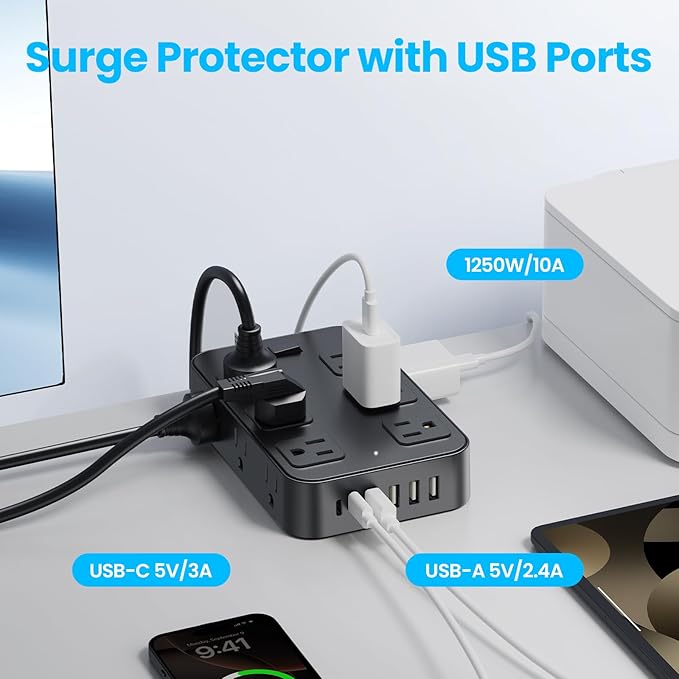 Solidock Flat Plug Power Strip Surge Protector with 12 AC Outlets 6 USB Ports 3 Side Multi Plug Outlet Extender 15 Ft Extension Cord for Home Office Kitchen Dorm Wall Desk Charging Station ETL Listed