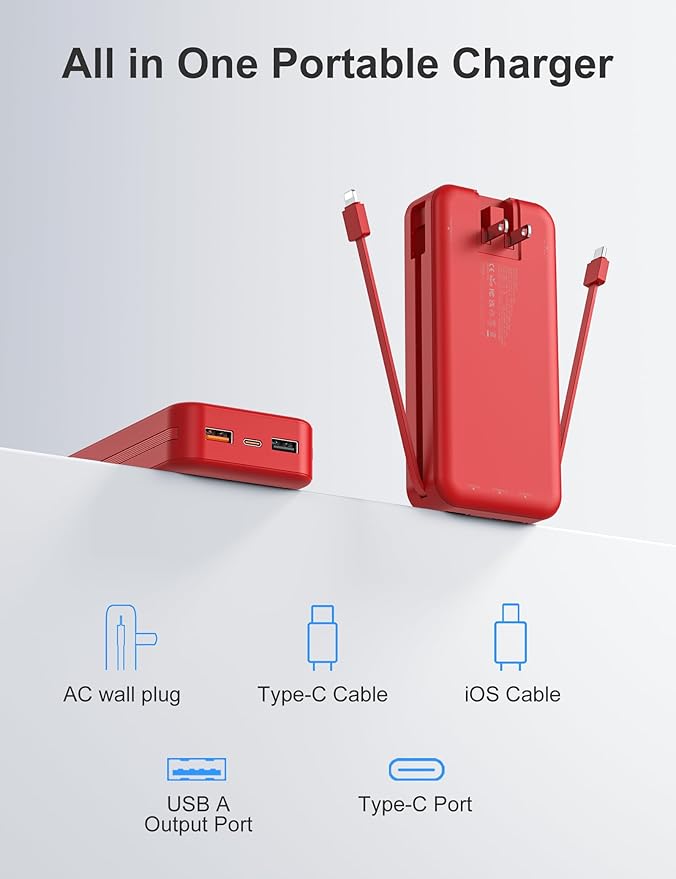 aonidi 20000mAh Ultra-Portable-Charger-Power-Bank PD20W with Built in Cables&AC Wall Plug,Fast Charging Cell Phone Charger Battery Pack,LED Display Travel Battery Bank for All iPhone,Samsung,Android