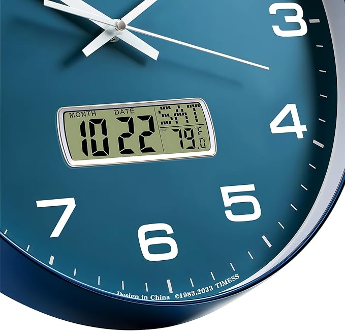 TIMESS Wall Clock, 13" Dial Non-Ticking Silent Battery Operated Analog with LCD Display for Perpetual Calendar and F° Temperature, Ideal Modern Home, Office Decor (Blue)