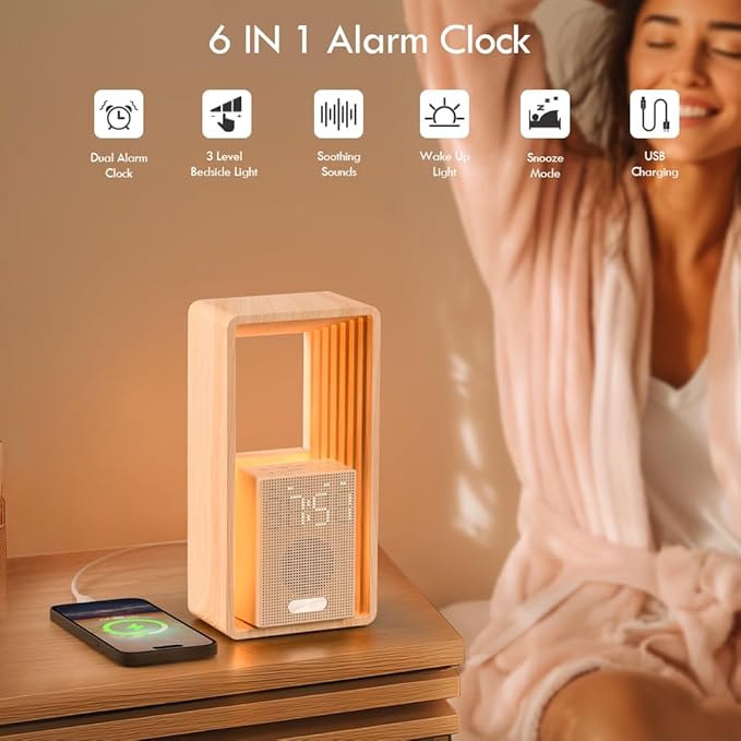 WILIT Digital Alarm Clock, Sunrise Alarm Clock with Nightlight, 9 Sleep Aid Sounds, White Noise Sounds Machine, Dimmable Display,USB Charging Port,Wood Grain Imitation,Gift for Women,Men,Travel