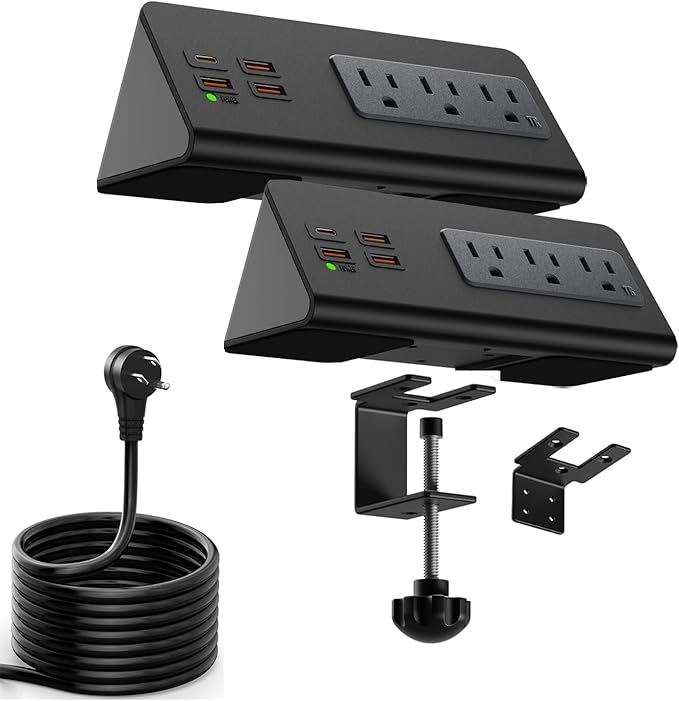 Upgraded Version Edge Mount Power Strip with USB-C Ports Tabletop Surge Protector Desk Clamp Power Sockets with 3 AC Outlets &4 Fast Charging USB Ports for Home Office Hotel Dormitory (Black - 2pack)
