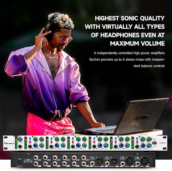 Bolanle PH6000 6-Channel Headphone Mixing Distribution Amplifier High-Power Headphone Amplifier 3.5mm & 6.35mm Jacks