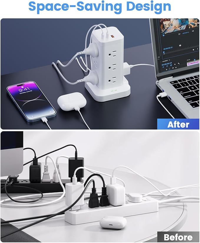 Power Strip Tower with Surge Protector 1800J, Fast Charging Tower PD20W USB-C Ports with 12 AC Outlets, 10ft Extension Cord for Home Office Dorm Room, White